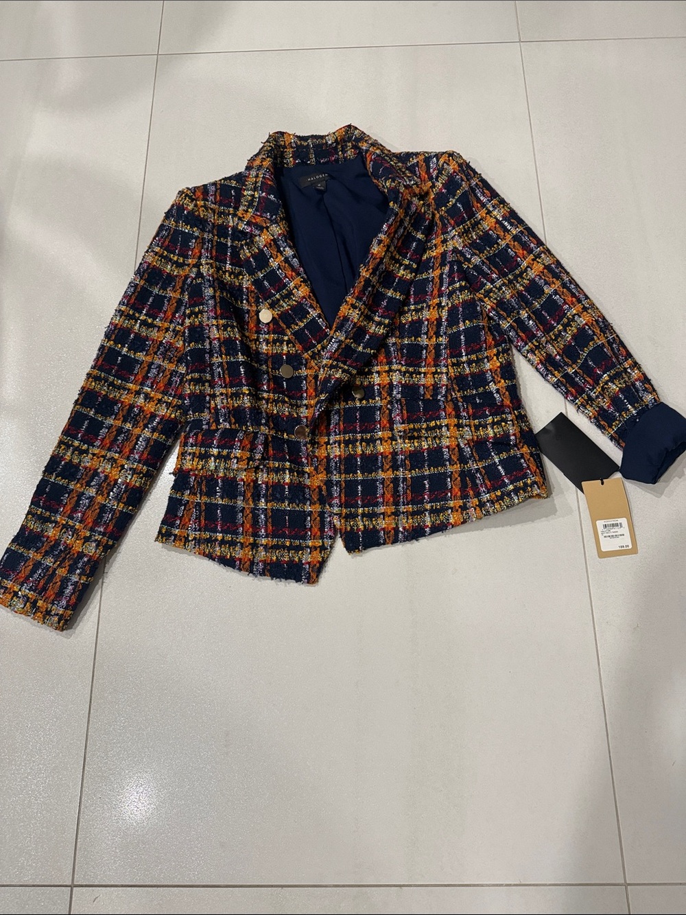 Halogen Navy Multicolor Tweed Double-Breasted Blazer